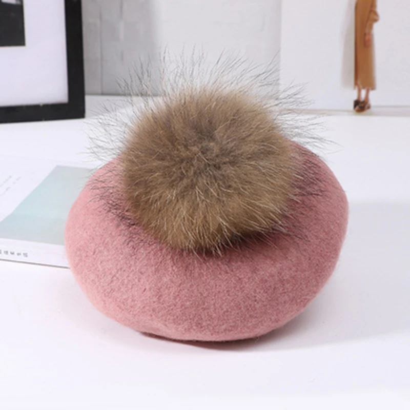 

Women's Warm 100% Wool Cashmere Berets 15cm Large Hairball Natural Raccoon Fur Pompom Hats Autumn Winter Pumpkin Hat For Women