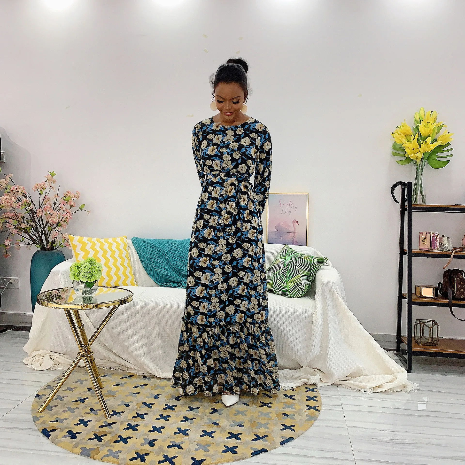 

Donsignet Middle East Ramadan Eid Dubai Abaya Turkey Flared Sleeve Long Dress Muslim Fashion Robes Plus Size Floral Print Dress