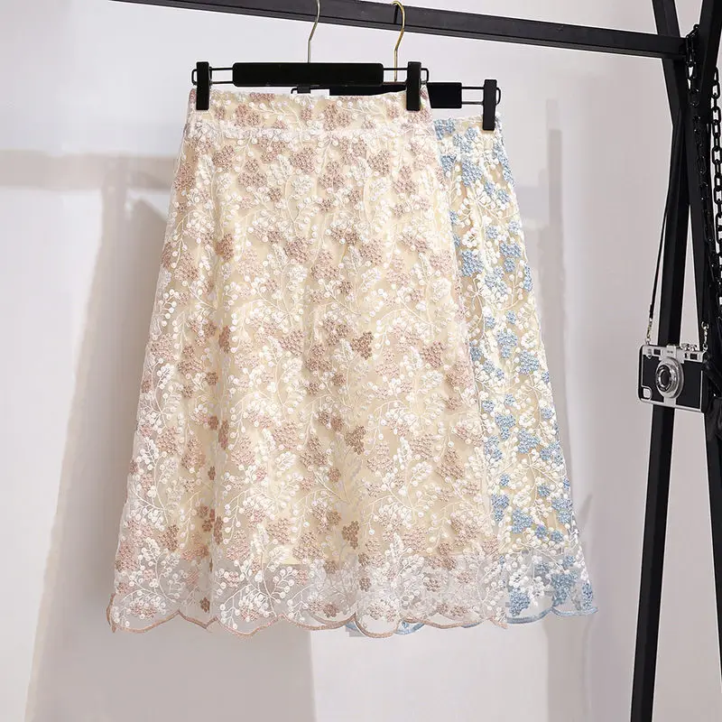

2021 New Summer Women Fashion High Waist Skirt Female Elegant Office A-line Skirts Korean Style Chic Embroidery Lace Skirts X422