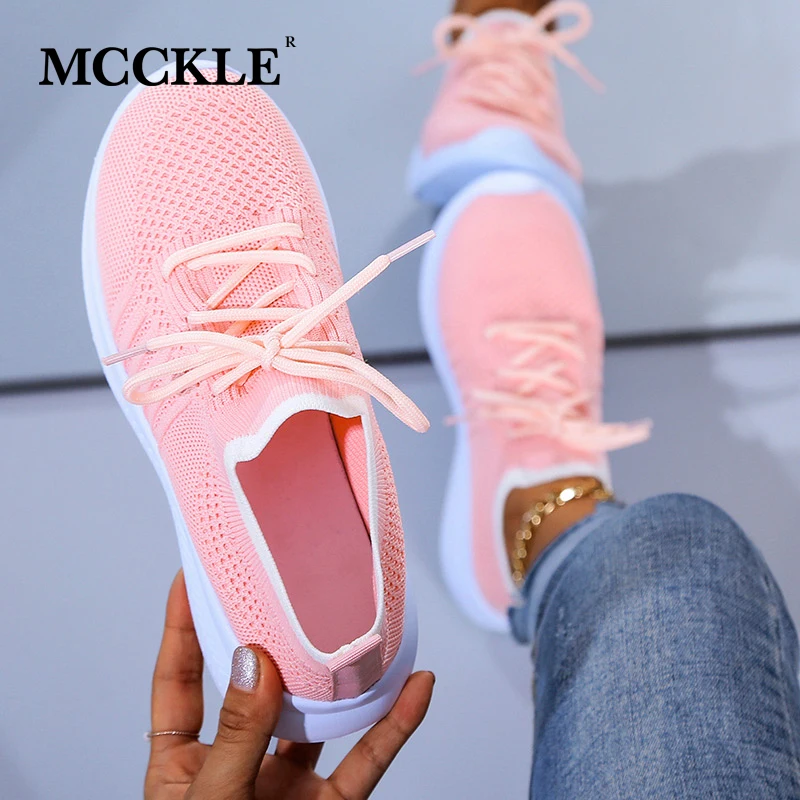 

MCCKLE Women's Sneakers Breathable Mesh Casual Flat Running Shoes Women Knitted Lace Up Vulcanized Shoes Ladis Flats Female
