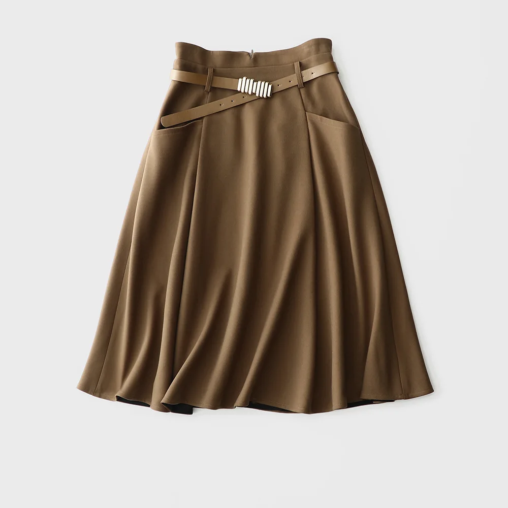 Winter Women Skirt  A-line High Waist Anti-wrinkle Thick Half  Overskirt Elegant Hepburn Style Skirt with Belt