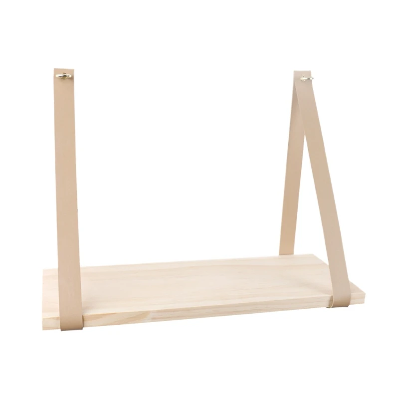 

Wall Wood Floating Frame Storage Holder Support Hanging Shelf Leather Strap Swing Organizer Home Decoration