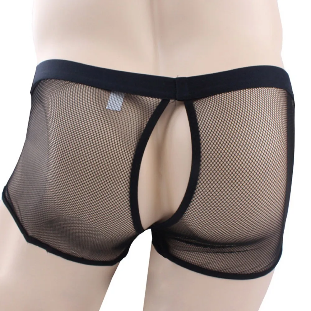 

Mens Fashion Sexy Black Open File Transparent Mesh Open Crotch Boxer Brief Ultra-Thin Male Panties See Through Erotic Male Brief