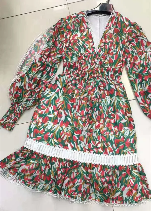 

fashion brand 2021 spring and summer sexy V-neck Lantern Sleeve hollow pleated lace patchwork Printed Dress