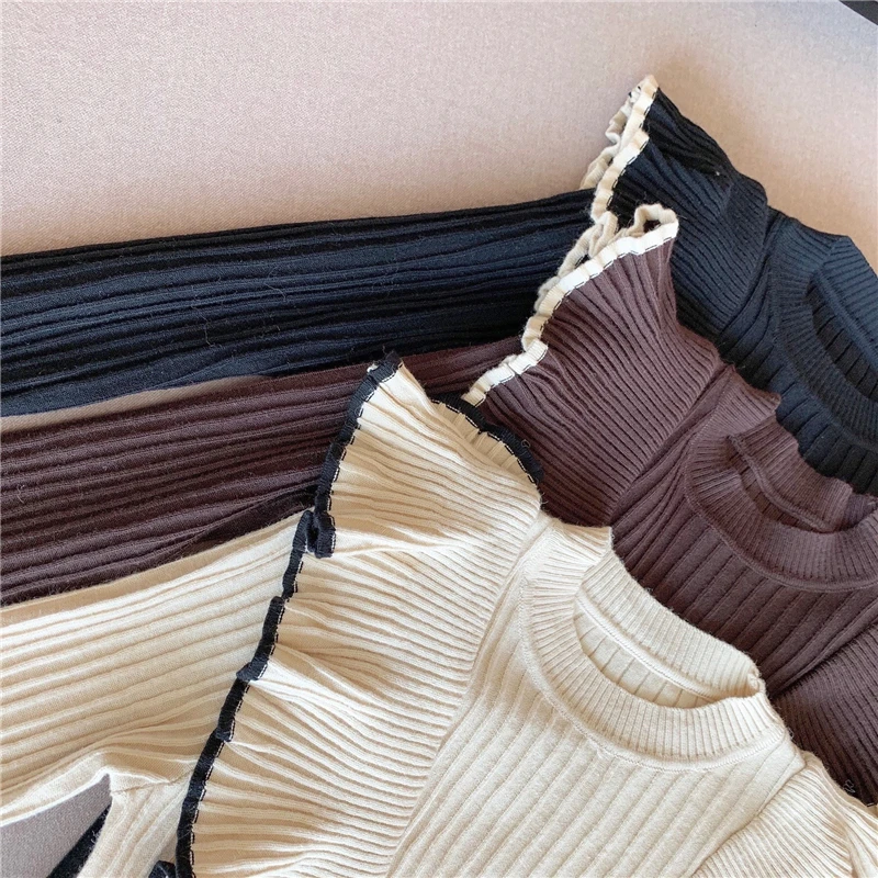 

Women O-neck Ruffles Sweet Knitted Sweater Warm Slim Long-sleeved Female Pullover Jumpers Vestidos Autumn Winter 2020 Clothes
