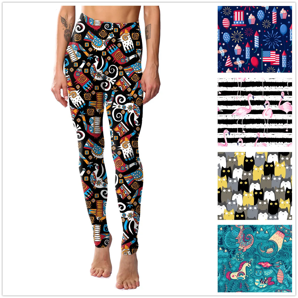 

11 Styles So Cute !!Dark & Cat and Striped Flamingo Rose Flower Print Colorful Printed Leggings Women's Sexy Pants Plus Size 919