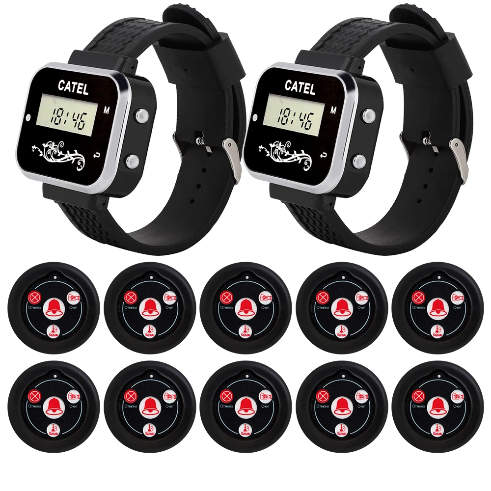 CATEL 433.92mhz Russian Showing 10 pcs Call Button 2 Watch Receiver Wireless Pager for Restaurant Calling System Buzzer