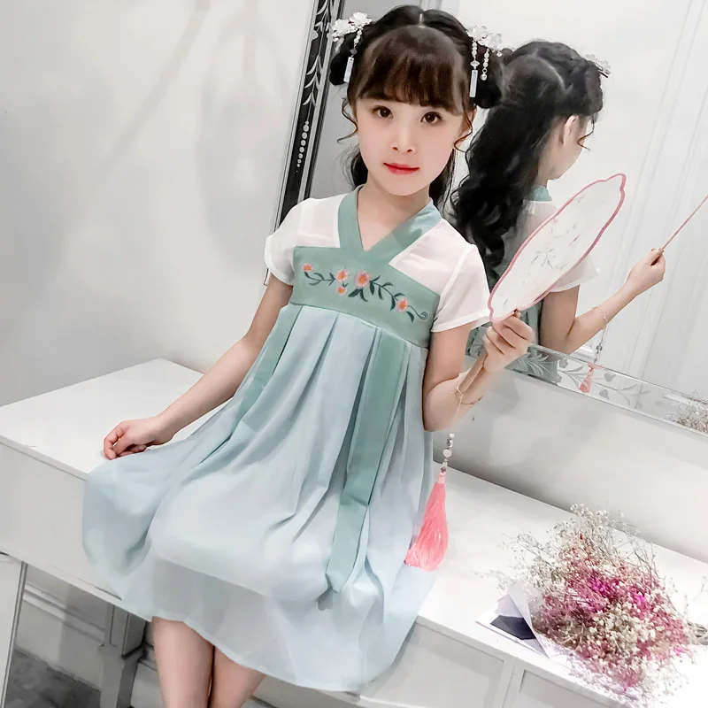 

Летнее Детское улучшенное шифоновое платье hanfu в китайском стиле с цветочной вышивкой и коротким рукавом, сказочное платье