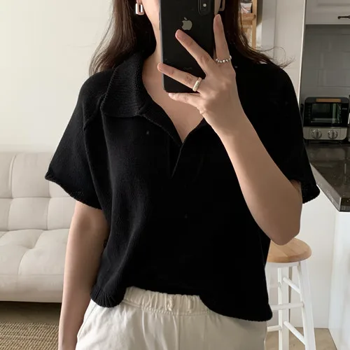 

Turn Down Collar Elegant Knitted Ladies Loose Solid Color Tops New Casual Tshirt Women Korean Style Summer Short Sleeve T-Shirt