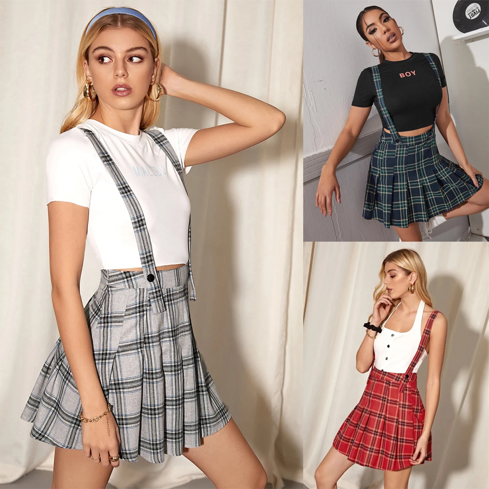 

Ladies Summer Temperament Suspender Skirt Women Fashionable Plaid Pattern Pleated Bust Skirt For Shopping Travel Dating