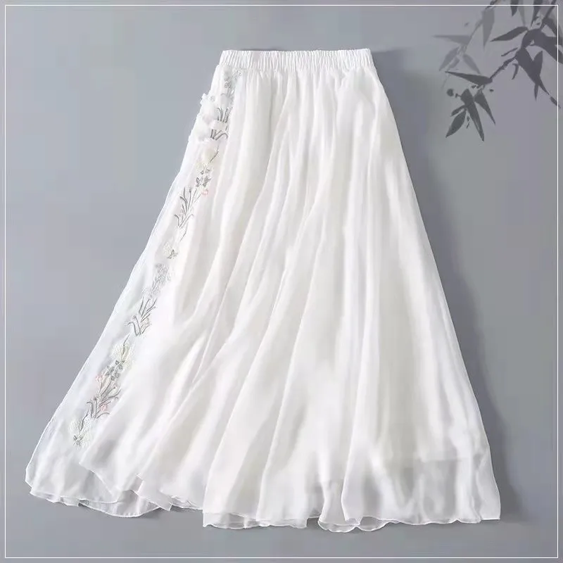 

2021 New Arrival Summer Arts Style Women Loose Casual Elastic Waist A-line Chiffon Skirt High Waist Floral Embroidery Skirts P12