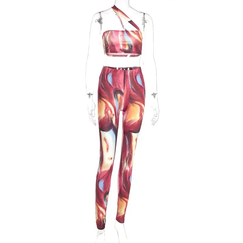

Tie Dye Print One Shoulder Corset Crop Top Camis+Leggings Pants Set Bodycon Outfits Two Pieces Casual Streetwear 2021 Summer
