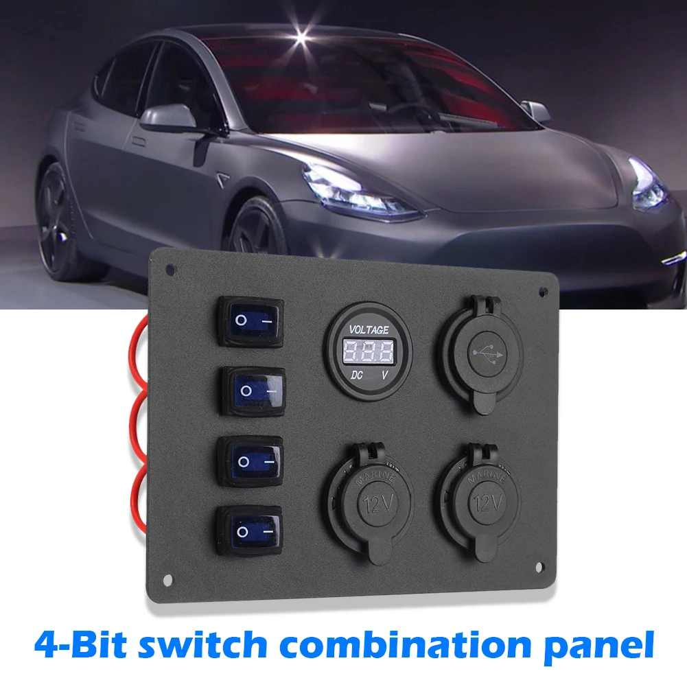 

4 Gang Rocker Switch Panel Dual USB Car Charger Dual 12V Outlets Car Panel Switch Panel Auto with Voltmeter