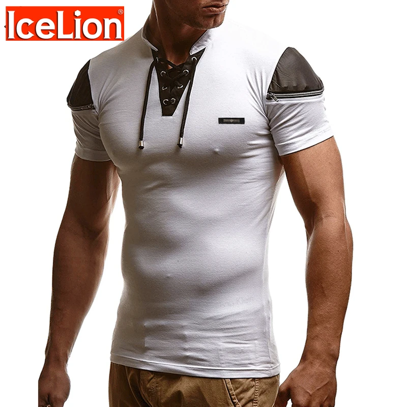 

IceLion 2023 Summer Short Sleeve Fitness T Shirt Men Fashion Drawstring Stand Collar Patchwork T-shirt Solid Slim Fit Tshirt