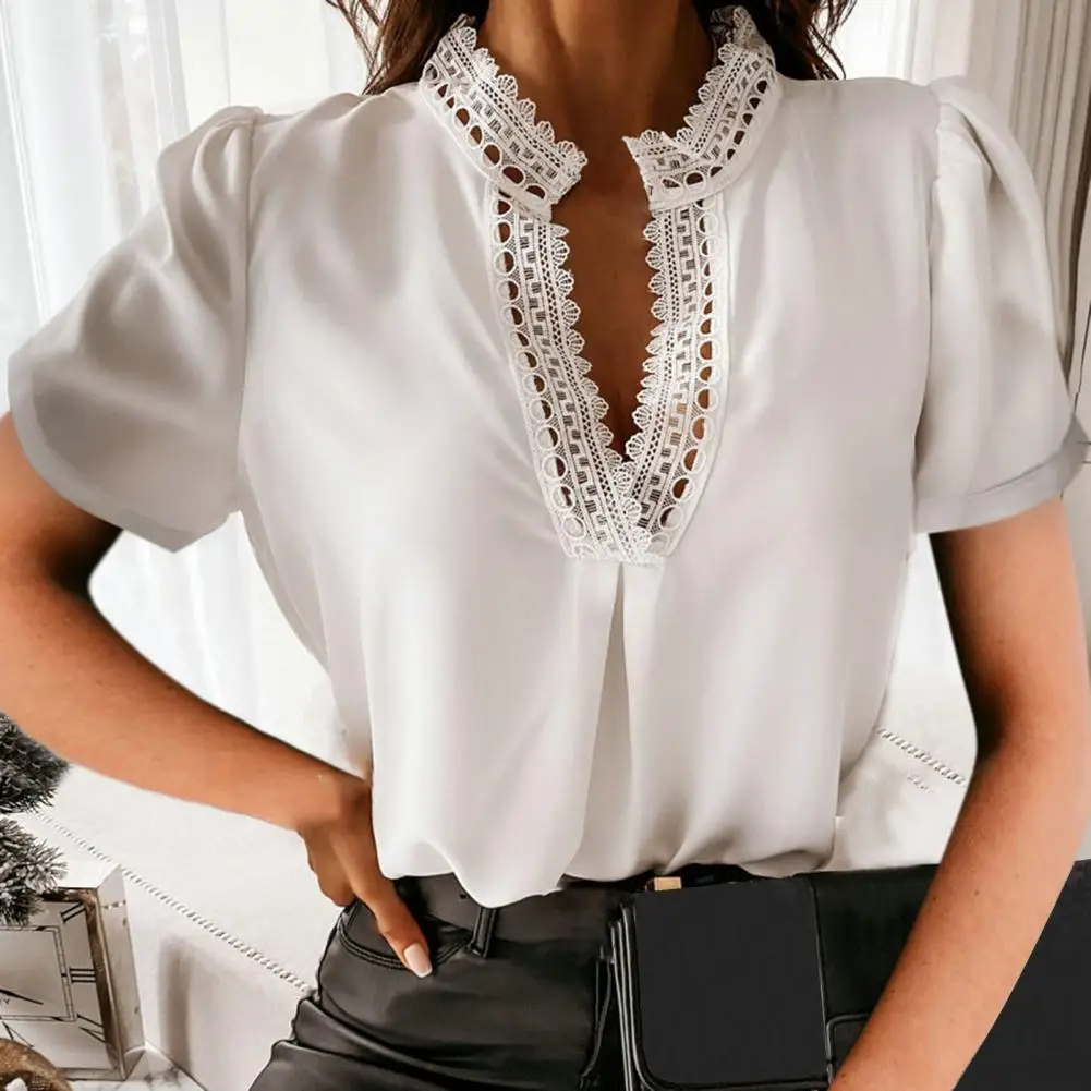 

Женская Офисная кружевная блузка с коротким рукавом, однотонная короткая ажурная приталенная Повседневная Блузка, топы, Элегантная блузка,...