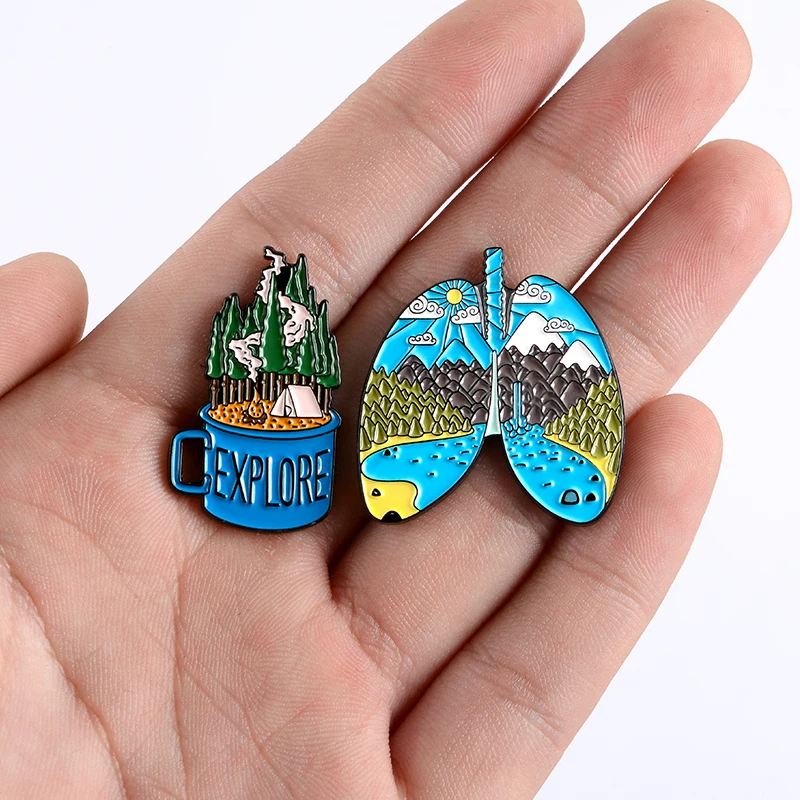 Adventure Pin Mountain Forest Lakes Earth Lung Cup Explore Nature Enamel Button Badge Travel Brooch Women Men Outdoorsy Gift | Украшения и