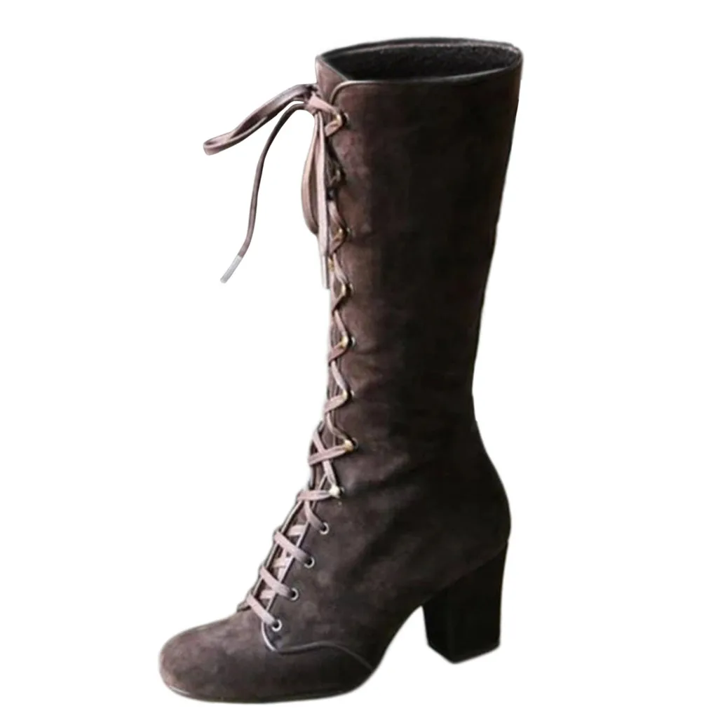 Women Long Boots Casual Lace Up Autumn Winter Thigh High Boots Botas Mujer Footwear Retro Mid-Calf Boots Thick Heels Shoes#930