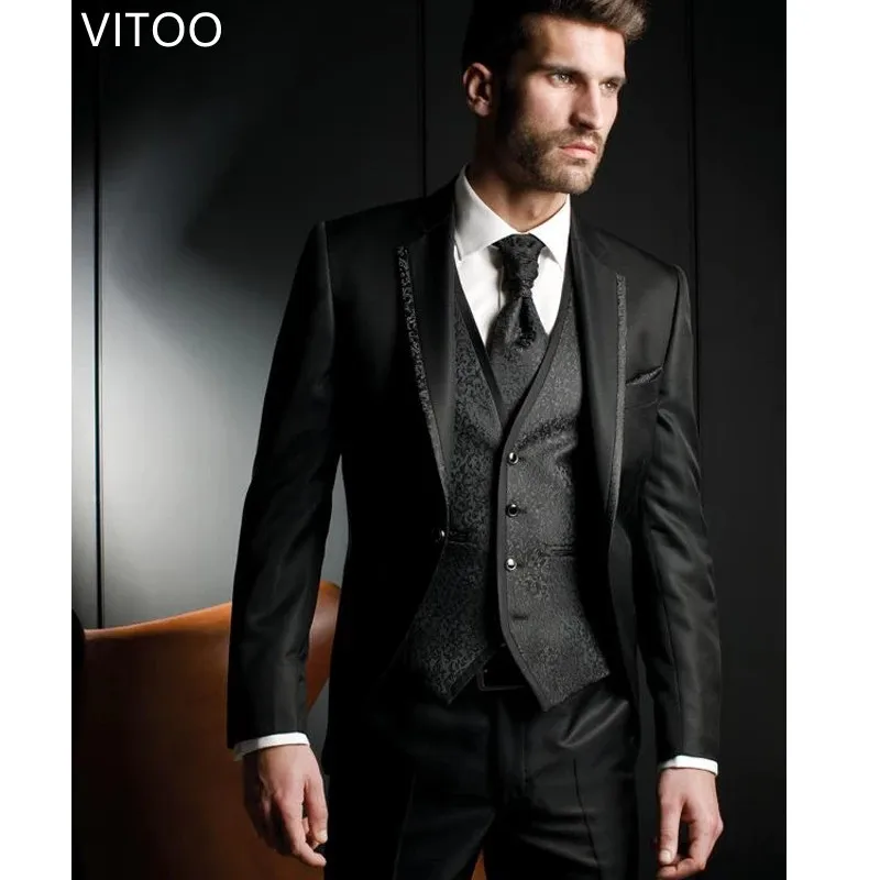 

3 Piece Floral Slim Fit Wedding Tuxedo For Groom Man Fashion Suits Jacket Waistcoat With Pants Notched Lapel Male Costume Coat