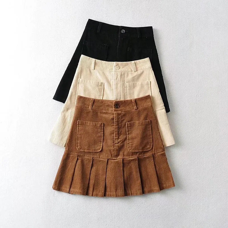 

2021 Autumn New All-Match Fashion Stitching Women's Corduroy Pleated Skirt High Waist SkirtPocket Pleated Skirt