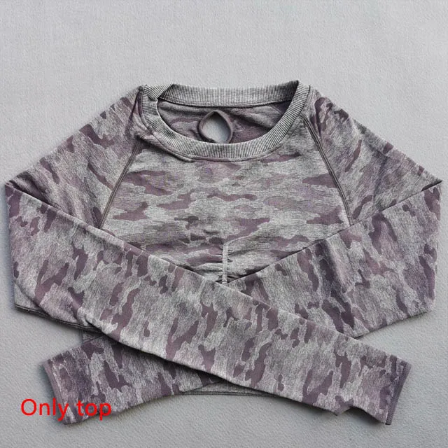 Purple Shirts 3 шт., камуфляжный бесшовный комплект для йоги, леггинсы с высокой талией, спортивный бюстгальтер с длинным рукавом, укороченный Топ для женщин, одежда для бега, спортивный костюм для фитнеса - Цвет: Purple Shirts