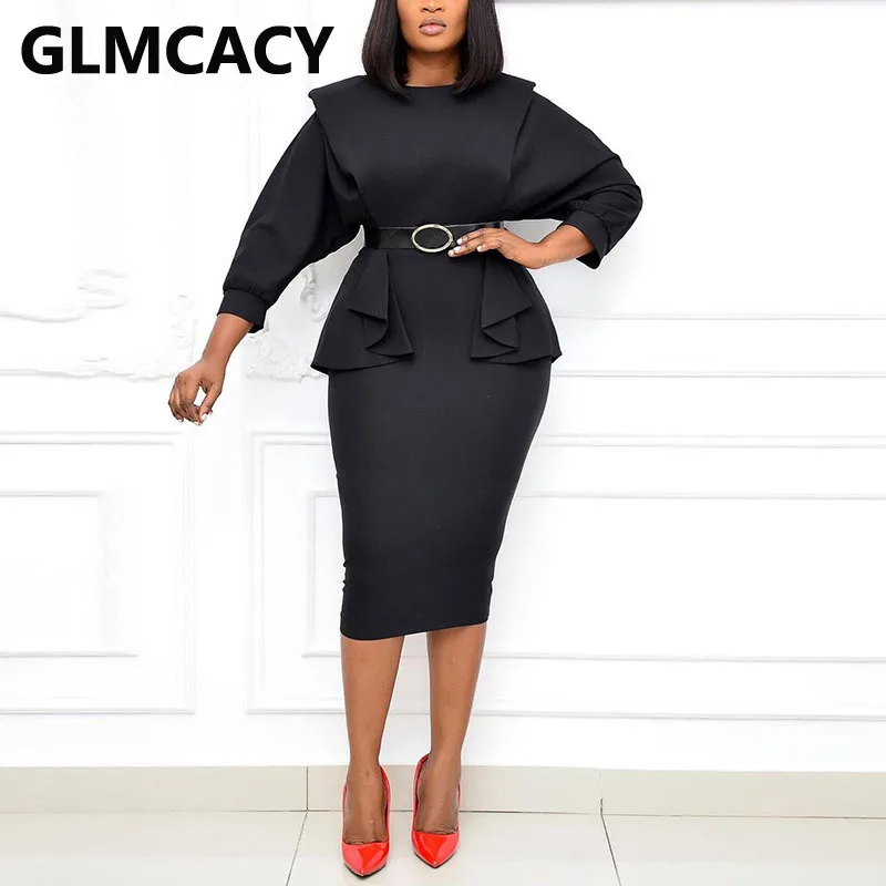 

Women Wrist Sleeve O Neck Solid Midi Dress OL Bodycon Work Dresses