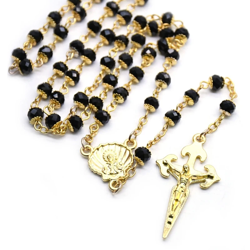 QIGO Santiago Cross Rosary Necklace Gold Black Crystal Catholic Religious Jewelry | Украшения и аксессуары