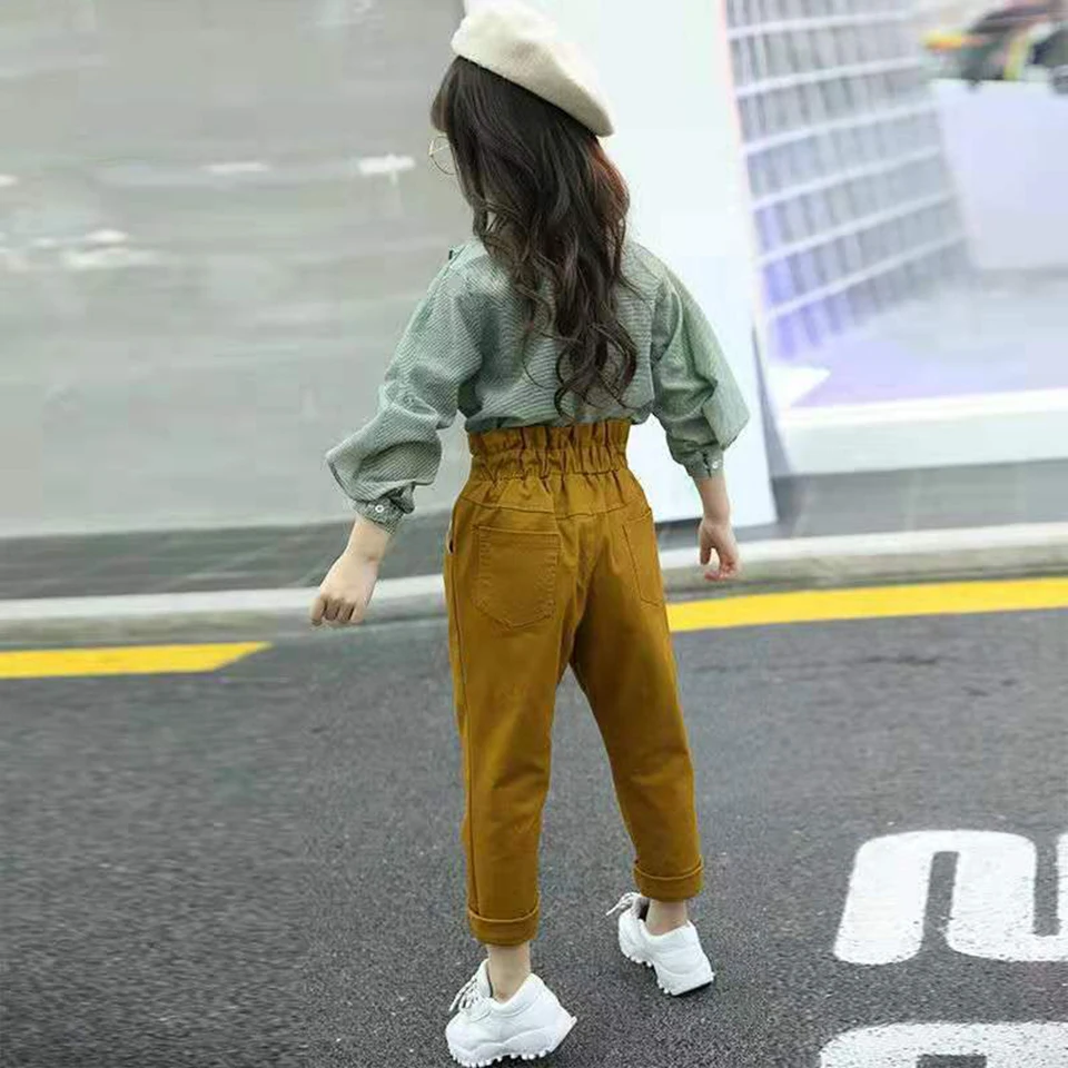 Осень 2019 комплект одежды для девочек костюмы отдыха блузка + брюки с поясом