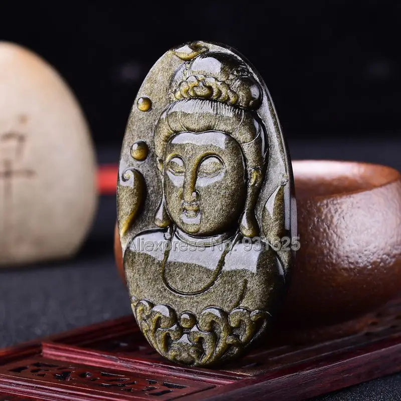 

Beautiful Natural Gold Obsidian Carved Chinese Beauty GuanYin Lucky Amulet Pendant + free Black Beads Necklace Fashion Jewelry