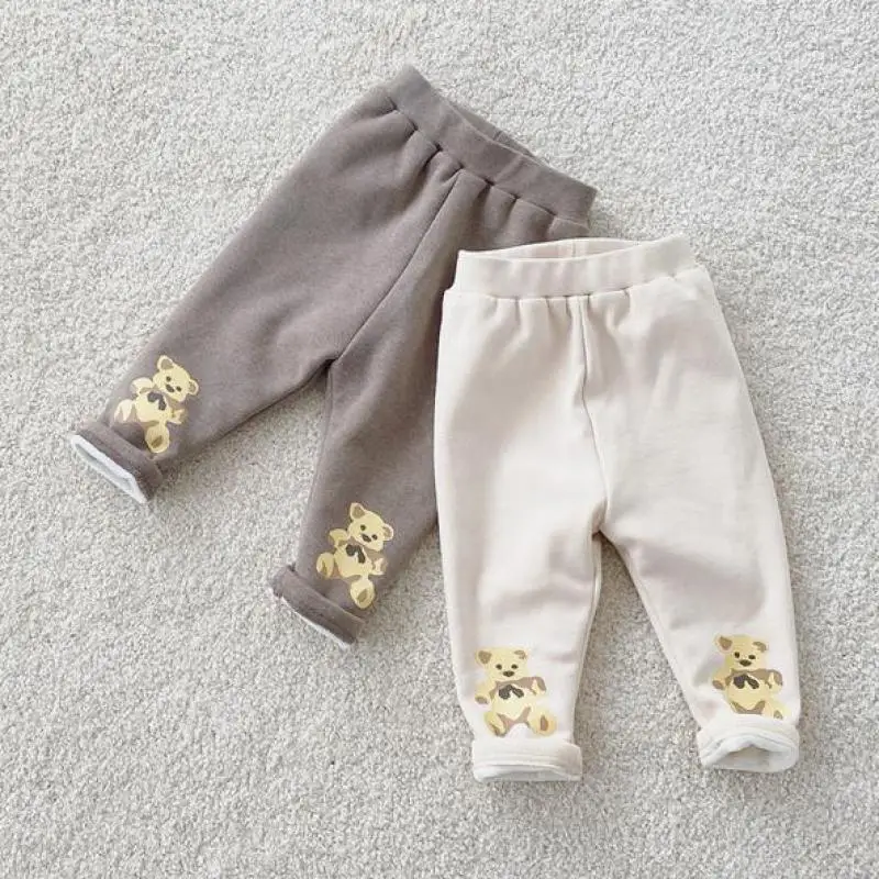 

Cute Lovely Bear Print Thicken Toddler Pants For Girls Plush Velvet Legging Winter Baby Boy Warm Pp Pants Kids Trousers