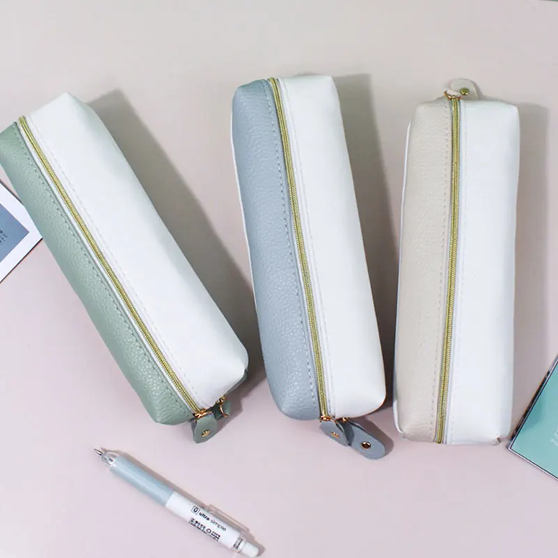 

PU Leather Pen Pencil Bag Colorful Vintage Stitching Case Storage Pouch for Pens Stationery School