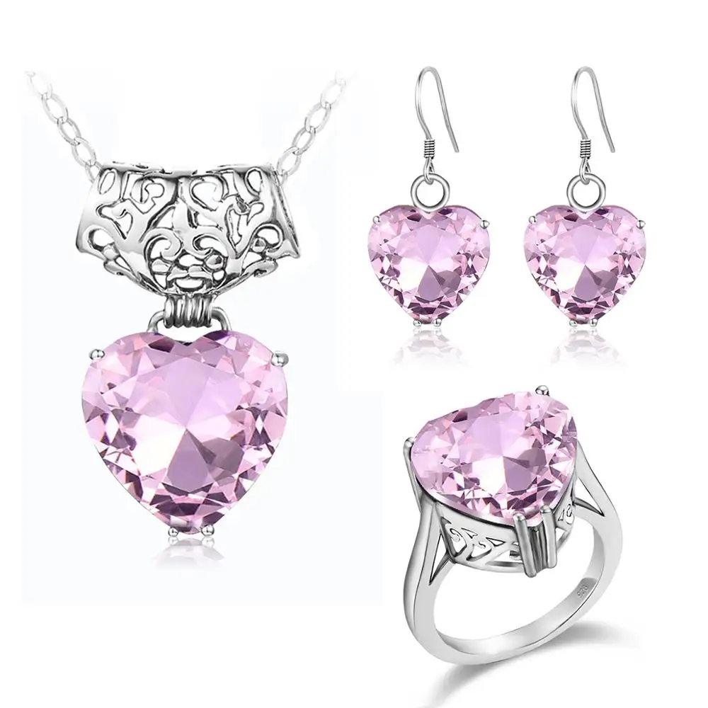 

925 стерлингового серебра Набор модное романтическое сердце образный розовое кольцо с кристаллом серьги подвеска свадебный ювелирный набор...