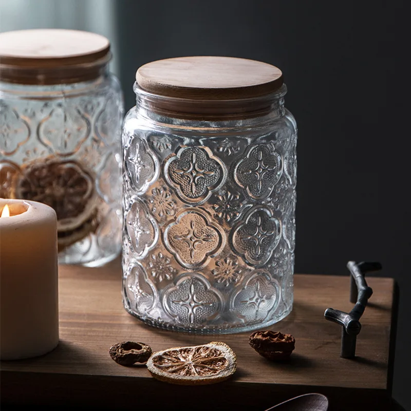 

Glass Tin Sealed Jar Retro Begonia Embossed Candy jar Large Capacity Can Snack Nut Glass Storage Canister Bottle 700ml