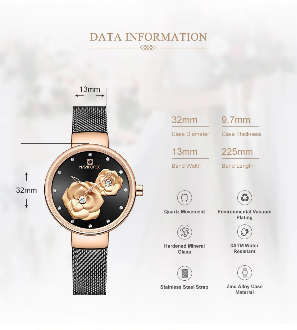 NAVIFORCE Women Watch Top Brand Luxury Black Rose Gold Ladies Wristwatch Mesh Stainless Steel Bracelet Flower Female Clock 5013 | Наручные