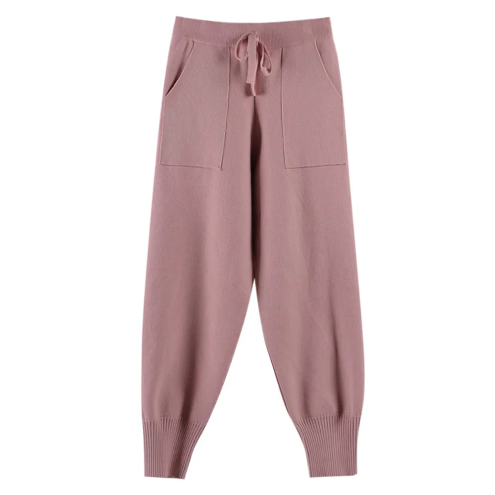 

Casual Autumn Winter Office Ladies Pants Drawstring Harem Knitted Women Trousers Solid Color With Pockets Female Carrot Pants