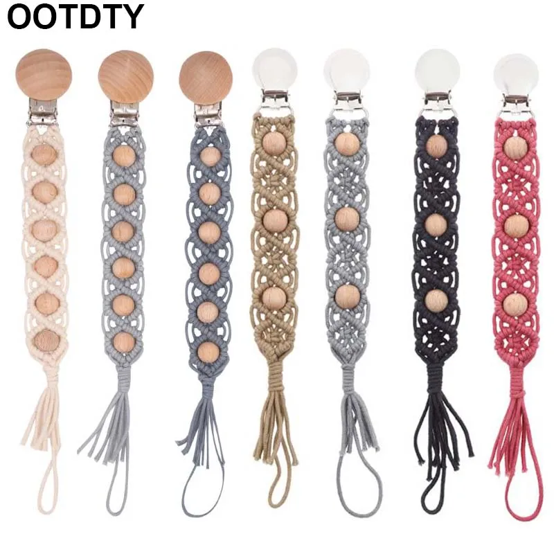 Baby Dummy Chain Pacifier Clip Crochet Cotton Soother Holder Infant Toddler Wooden Beads Teething Toy