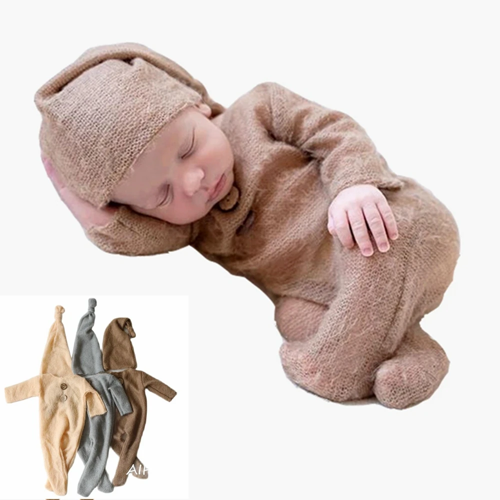 

Newborn Photography Props Accessories Infant Boy Girls Outfit Knitted Mohair Hat+Romper Set Baby Photo Clothes Studio Photoshoot