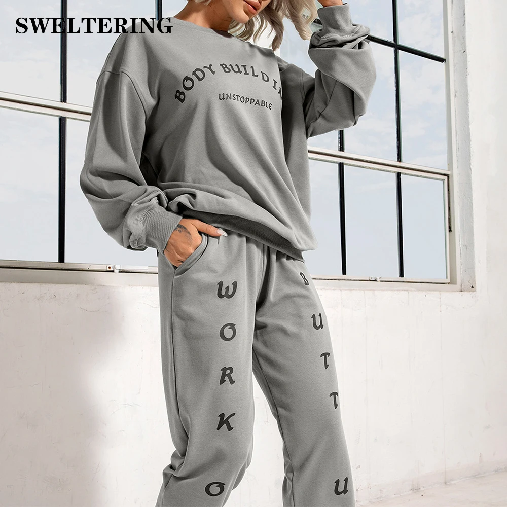 

Winter Women's Tracksuit Yoga Suits 2 Pieces Loose Gym Set Fitness Sports Clothes Printed Long Sleeved Tops Workout Sportswear