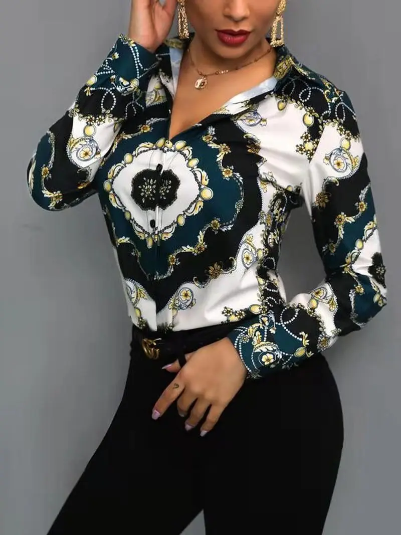 Женская офисная блузка с цветочным принтом Элегантная стильная рубашка длинным