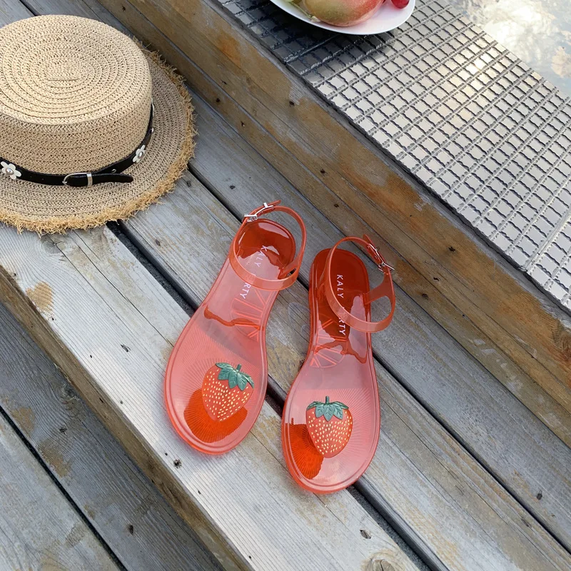 

2020 summer new clip toe sandals fairy wind transparent net red flat bottomed beach shoes holiday jelly shoes