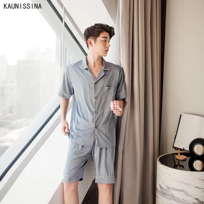 

Couple Pajamas Set Summer Silk Loungewear Short Sleeve Pockets Nightshirts Shorts Pajama Sets Men and Women Loose Home Suit