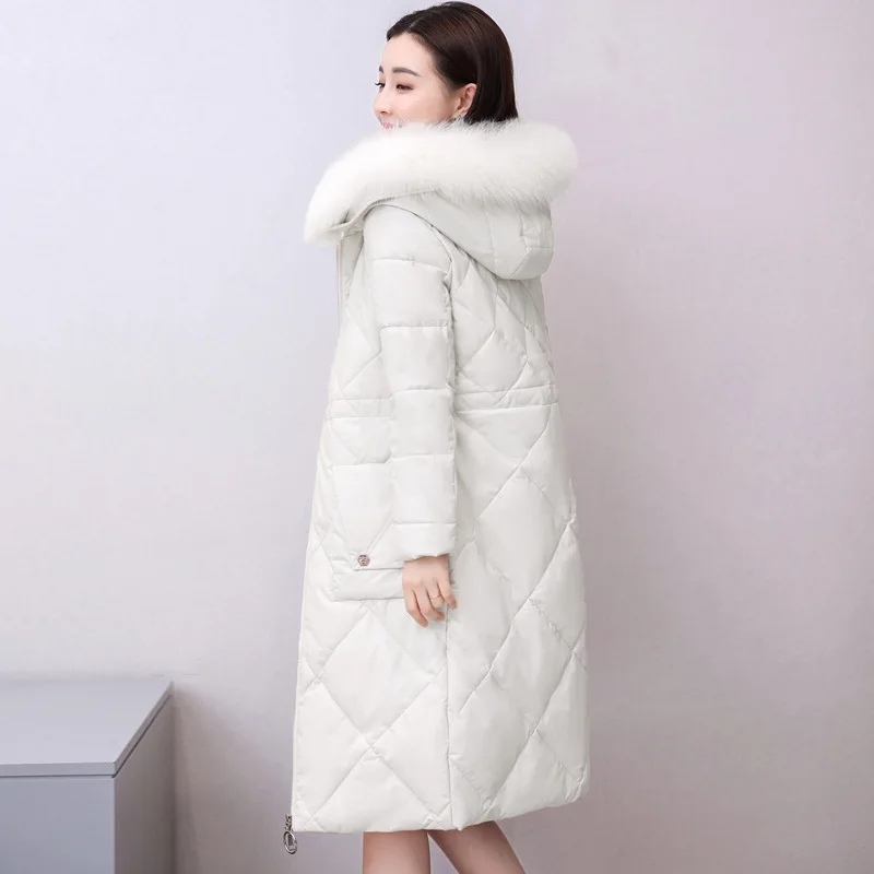 

Rlyaeiz PU Leather Women Winter Coat 2019 Fashion Fox Fur Collar Winter White Duck Down Jackets Women Parka Warm Long Overcoat