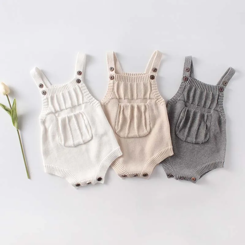 

Baby Bodysuits Clothes Autumn Knit Sleeveless Baby Knit Bodysuit Front Pocket Baby Girls Boys Jumpsuit Overalls One piece