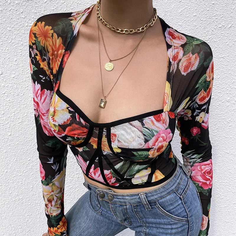 

2022 Sexy Flower Printed Tops For Women Summer Long Sleeve Crop Top Bustier Camis Tanks Night Club Female Breast Wrap Tee Shirt
