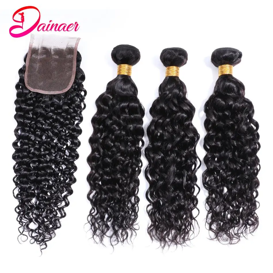 

Brazilian Water Wave 3 Bundles With 4*4 Inches Lace Closure Non-Remy Human Hair Bundles With Closure Color 1B Dainaer Hair