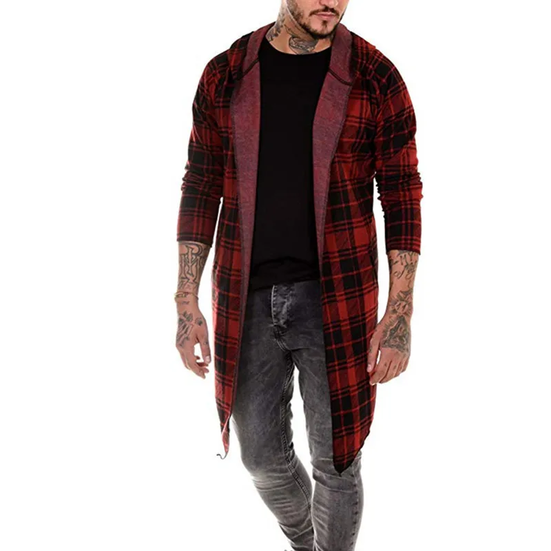 

Medium length men's simple windbreaker casual Hoodie spring and autumn fashion loose plaid coat men's Cape