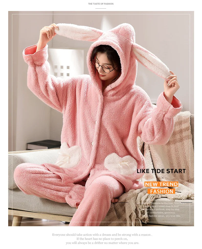 Pajamas Set for Women Winter Flannel Thickened Hooded Rabbit Ears Coral Fleece Women's Worn Home Clothes Homewear Sleepwear