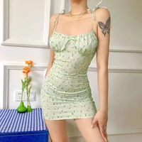 y2k girls lace up straps sweet light green corset mini dress cottagecore little floral print summer bodycon summer dresses 2021