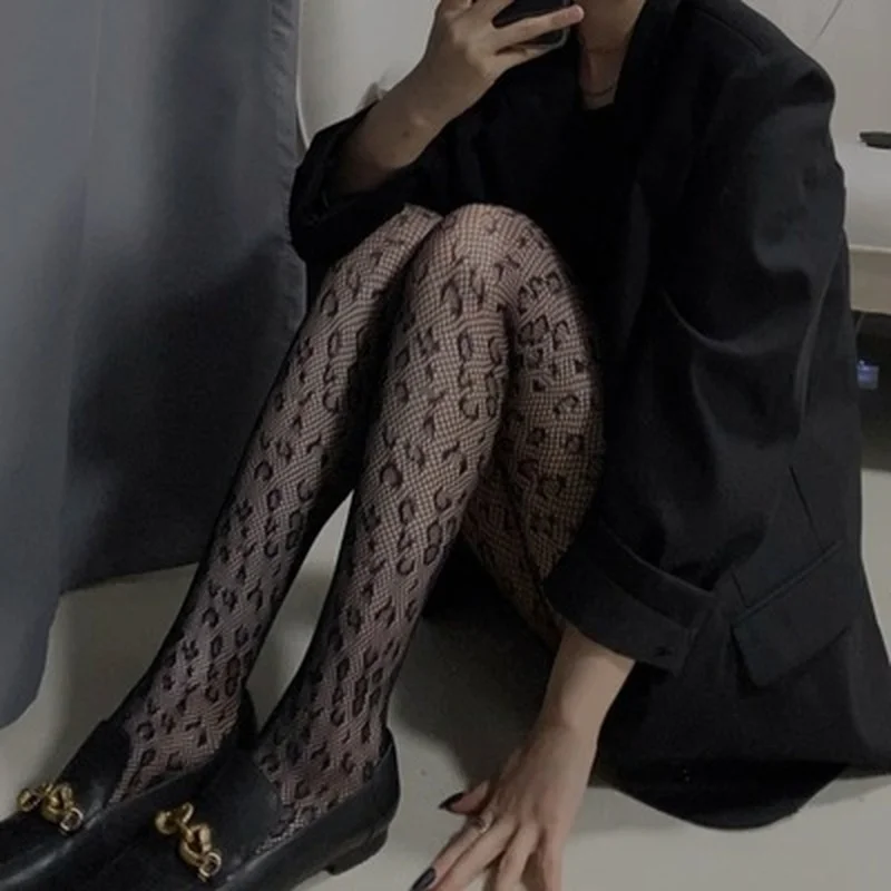Charming Women Sexy Leopard Pattern Thin Stockings Lingerie Elastic Hollow Black Tights Thigh Pantyhose Hosiery Fishnet Stocking