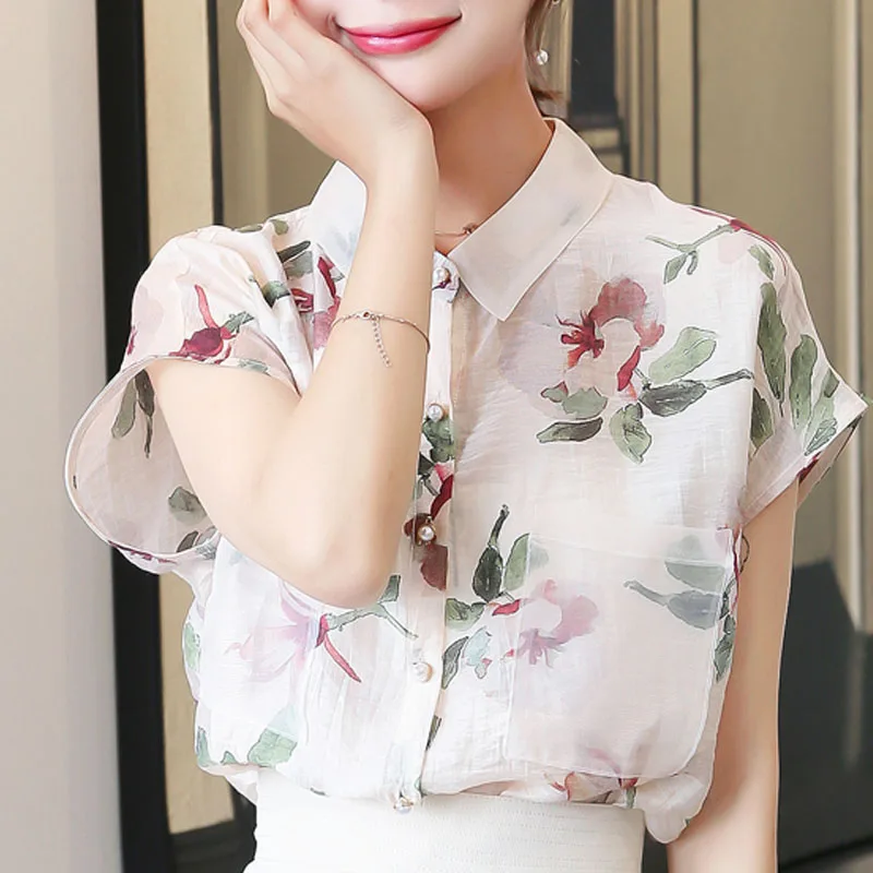 2021 Summer Fashion Women Chiffon Blouses Short Sleeve Turn-down Collar Clothing Casual Floral Tops 5101 50 | Женская одежда
