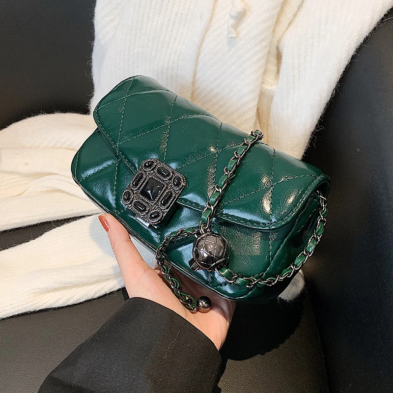 

Green PU Leather Mini Crossbody Bags for Women 2021 Winter Luxury Simple Style Lady Quilted Chain Shoulder Purses Handbags